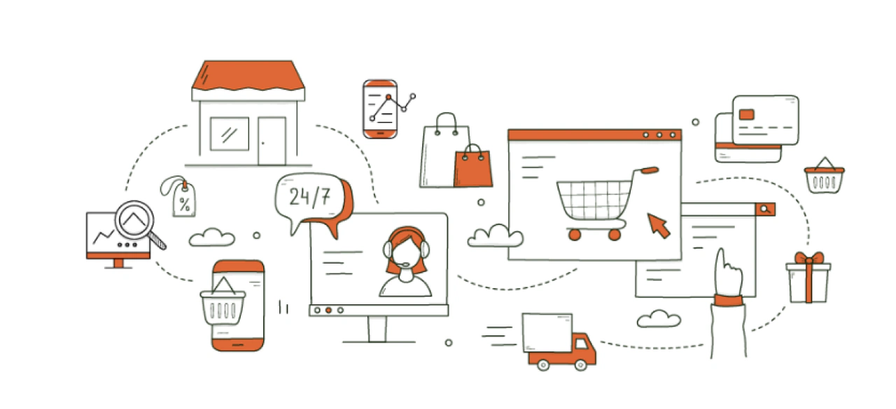 Abstract drawing illustrating omnichannel with icons of a website, courier, smartphone, shopping basket, house, and search.